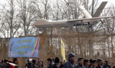 Un drone Shahed 129 exposé à Téhéran, en 2016 (illustration) ( AFP / ATTA KENARE )