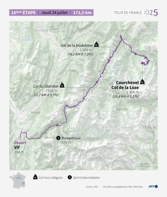 Carte de l'étape 18 du Tour de France le 24 juillet entre Vif et Courchevel ( AFP / Hervé BOUILLY )