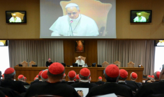 Photo diffusée par les médias du Vatican, le 10 mai 2025, du pape Léon XIV lors d'une rencontre avec des cardinaux au Vatican ( VATICAN MEDIA / Handout )