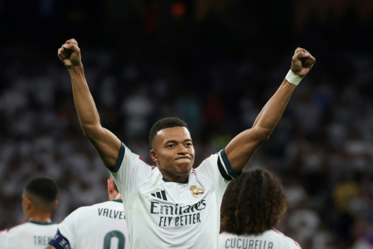 Kylian Mbappé a marqué le premier but du Real Madrid contre l'Inter Milan en C1 le 8 septembre 2026 à Madrid  ( AFP / Pierre-Philippe MARCOU )