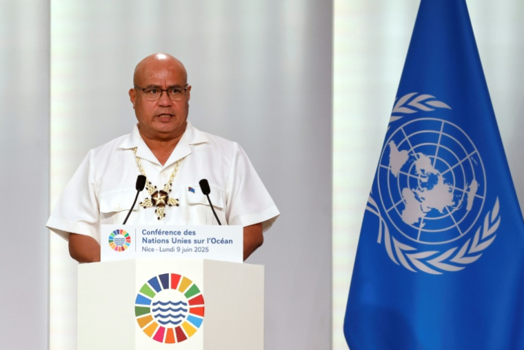 Le Premier ministre de Tuvalu, Feleti Teo, lors de la séance d'ouverture de la troisième Conférence des Nations Unies sur les océans (UNOC3) à Nice, le 9 juin 2025 dans le sud-est de la France ( AFP / Ludovic MARIN )
