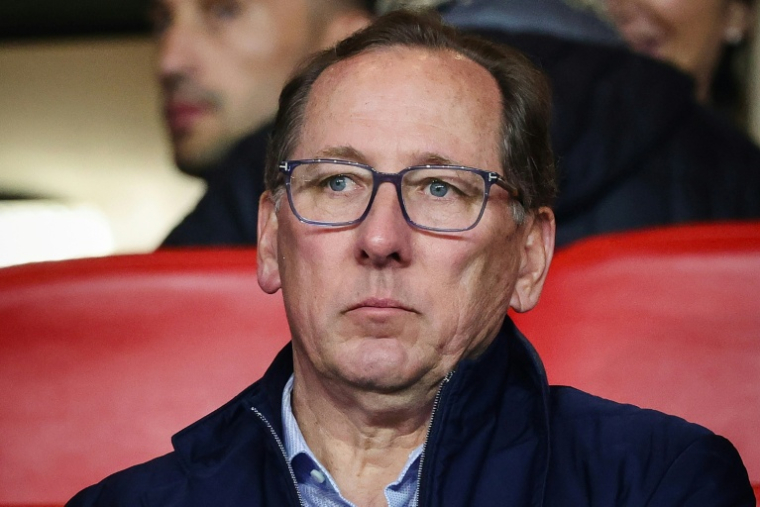 Le président américain de l'Olympique Lyonnais John Textor, lors du match contre Monaco en L1 à Monaco le 10 mai 2025. ( AFP / CLEMENT MAHOUDEAU )
