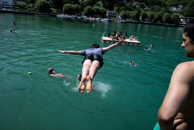 Un baigneur plonge dans une portion surveillée du lac du Bourget, en Savoie, le 8 août 2025 ( AFP / JEAN-PHILIPPE KSIAZEK )