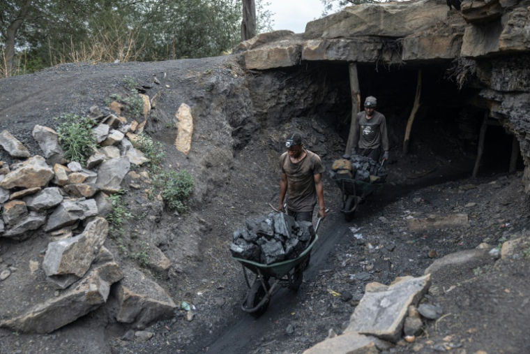 Des mineurs poussent des brouettes chargées de charbon à l'extérieur de la mine illégale de Golfview, à Ermelo en Afrique du Sud, le 25 septembre 2025 ( AFP / EMMANUEL CROSET )