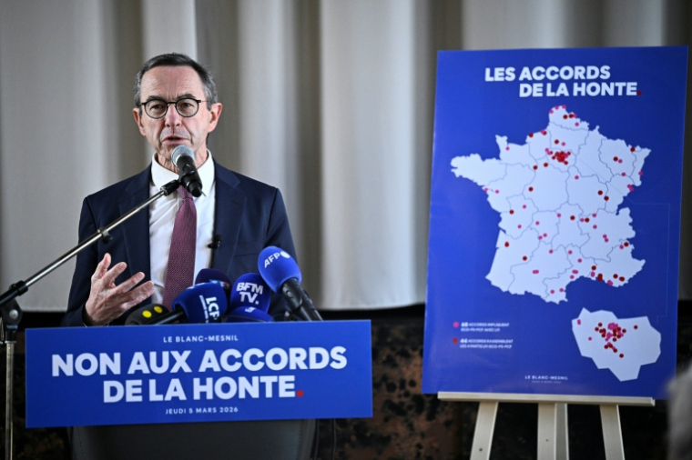 Le président des Républicains Bruno Retailleau au Blanc-Mesnil en Seine-Saint-Denis le 5 mars 2026 ( AFP / JULIEN DE ROSA )