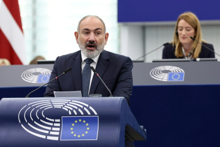 Le Premier ministre arménien Nikol Pachinian au Parlement européen à Strasbourg le 17 octobre 2023 ( AFP / FREDERICK FLORIN )
