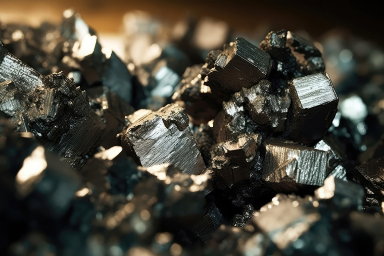 Gros plan sur des échantillons de minerai de nickel mettant en valeur leur aspect métallique. (Crédits: Adobe Stock / image générée pa)