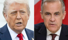 Ce montage photos créé le 2 mai 2025 montre, à gauche, le président américain, Donald Trump, s’exprimant à Washington le 23 avril 2025, et, à droite, le nouveau Premier ministre canadien, Mark Carney, parlant à Ottawa le 2 mai 2025 ( AFP / SAUL LOEB )