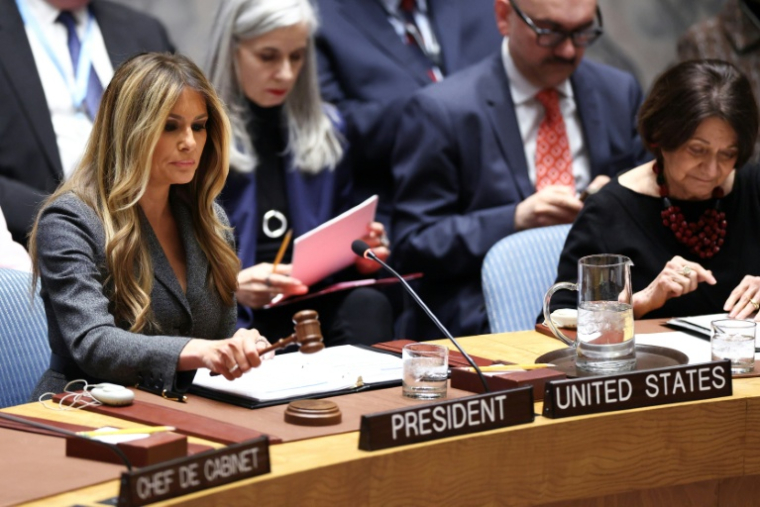 La Première dame des Etats-Unis Melania Trump préside le Conseil de sécurité de l'ONU, le 2 mars 2026 à New York ( AFP / CHARLY TRIBALLEAU )
