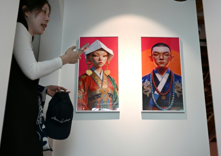Une visiteuse passe devant des portraits de chamans virtuels, le 15 avril 2026 à Séoul ( AFP / Jung Yeon-je )