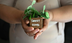 Martha, une sans-papiers mexicaine utilisant un pseudonyme, montre une décoration de son appartement avec le slogan "Doux Foyer", à Buena Park, près de Los Angeles, le 31 juillet 2025 ( AFP / Robyn Beck )