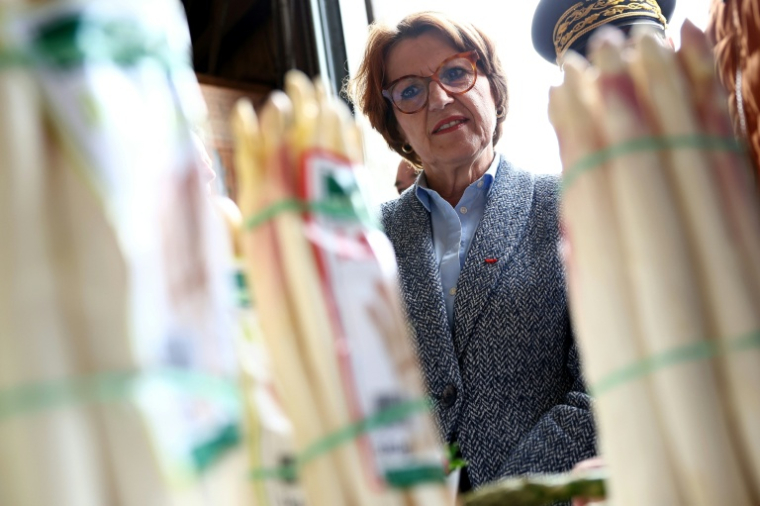 La ministre de l'Agriculture Annie Genevard viste une ferme biologique, le 22 mai 2025 à Niederstinzel, en Moselle ( AFP / FREDERICK FLORIN )