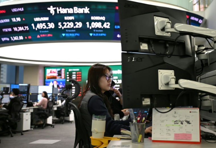 Des traders surveillent les taux de change devant un écran qui affiche l’indice boursier de référence sud-coréen (KOSPI) dans une salle des marchés de change au siège de la Hana Bank à Séoul, le 9 mars 2026 ( AFP / Jung Yeon-je )