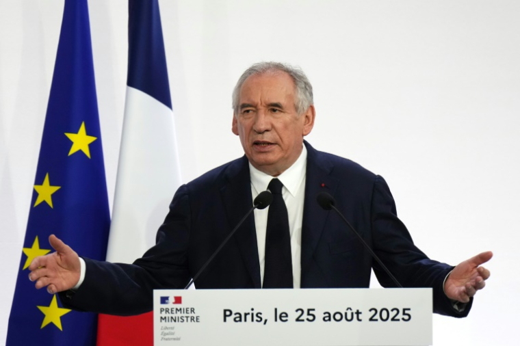 Conférence de presse du Premier ministre François Bayrou le 25 août 2025 à Paris ( AFP / Dimitar DILKOFF )