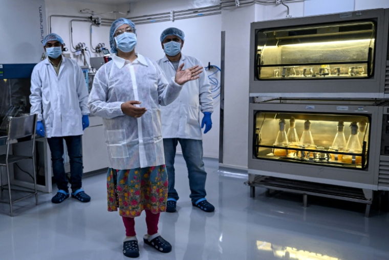 Priyanka Priyadarsiny (c), responsable recherche et développement, explique le processus de développement d'un vaccin au sein du laboratoire l'entreprise pharmaceutique Panacea Biotec, le 29 janvier 2026 à New Delhi, en Inde ( AFP / Arun SANKAR )