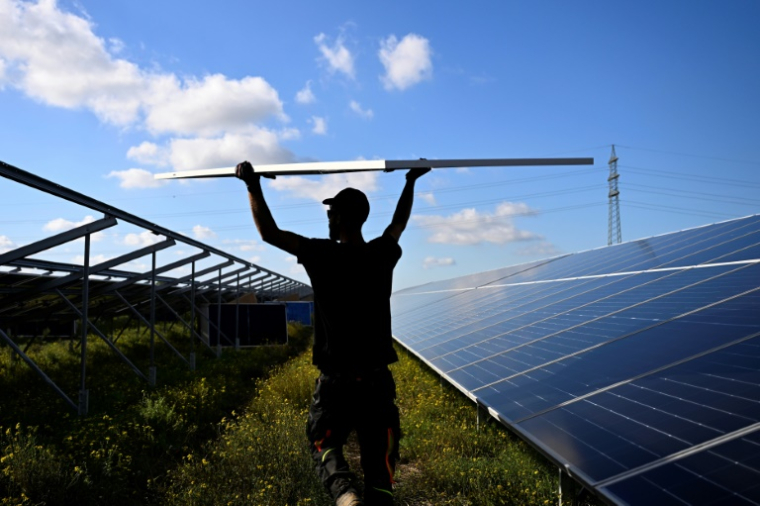 Installation de panneaux solaires à Erftstadt, en Allemagne, le 22 octobre 2024 ( AFP / Ina FASSBENDER )