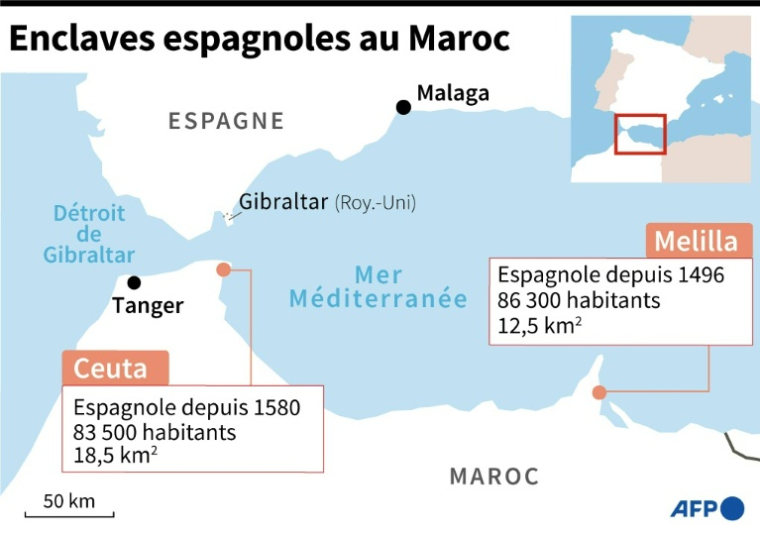 Localisation et données sur les enclaves espagnoles de Ceuta et Melilla au Maroc ( AFP / STF )