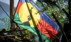 Le drapeau kanak lors de la première assemblée générale de la CCAT (Cellule de Coordination des Actions de Terrain) à Bourail, le 14 juin 2024 en Nouvelle-Calédonie ( AFP / Delphine MAYEUR )