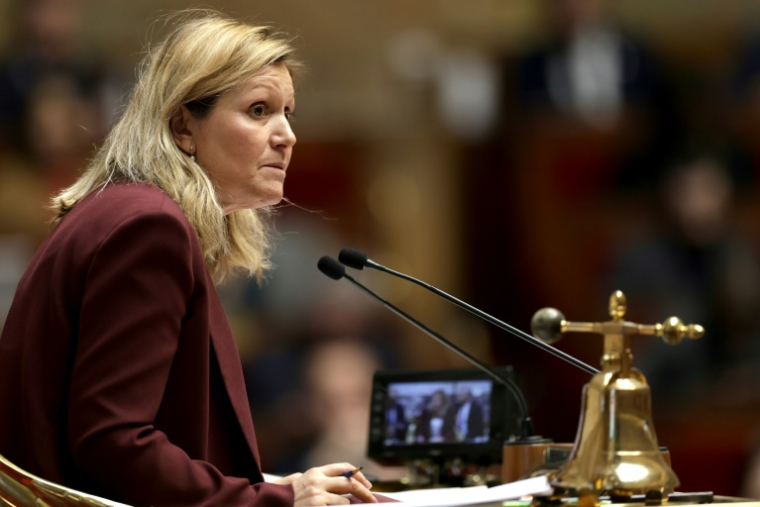 La présidente de l'Assemblée nationale Yaël Braun-Pivet, ici le 11 février 2025, s'autorise à penser à la présidentielle de 2027 même si elle n'est pas poussée par son camp ( AFP / Thibaud MORITZ )