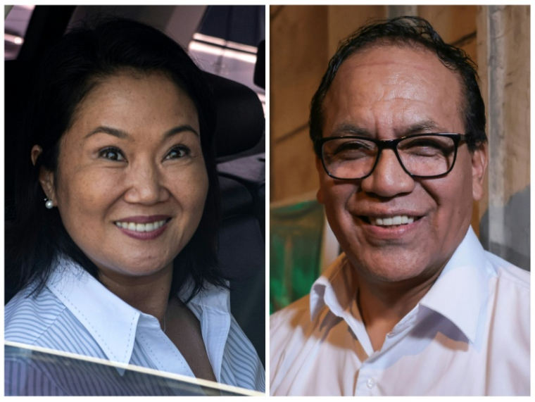 Cette combinaison de photos réalisée le 13 mai 2026 montre les candidats à la présidence du Pérou, Keiko Fujimori (g.), à Lima le 14 avril 2026, et Roberto Sanchez, dans son bureau de campagne à Lima, le 14 avril 2026 ( AFP / ERNESTO BENAVIDES )