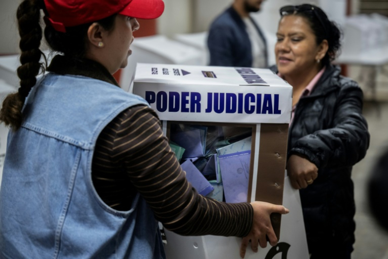 Des membres de l'Institut national électoral portent une urne pour procéder au dépouillement des bulletins de vote, le 1er juin 2025 à Mexico ( AFP / Carl de Souza )