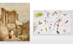 Vue de la porte Caerlimontane à Rome - aquarelle, lavis et crayon noir signé Granet (1775-1849) (© Galerie De Bayser ) et Composition pour Claude Pompidou - encre, crayon et collage de Jean Tinguely (1952-191), offert à Mme Pompidou. (© Galerie AB)