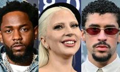 Photomontage des favoris des 68e Grammy Awards, Kendrick Lamar, Lady Gaga et Bad Bunny ( AFP / Frederic J. Brown )