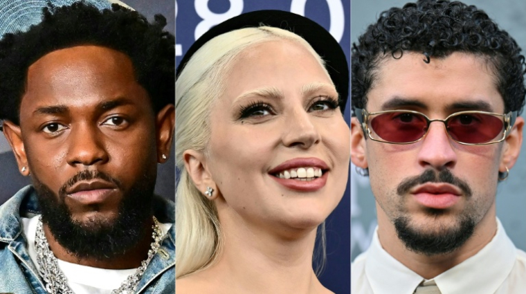 Photomontage des favoris des 68e Grammy Awards, Kendrick Lamar, Lady Gaga et Bad Bunny ( AFP / Frederic J. Brown )