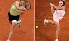La Polonaise Maja Chwalinska (à gauche) et la Russe Mirra Andreeva lors de leurs quarts de finale respectifs à Roland-Garros, les 3 et 2 juin 2026. Les deux joueuses sont l'affiche totalement inattendue de la finale du Majeur parisien samedi sur le court Philippe-Chatrier ( AFP / Thomas SAMSON )