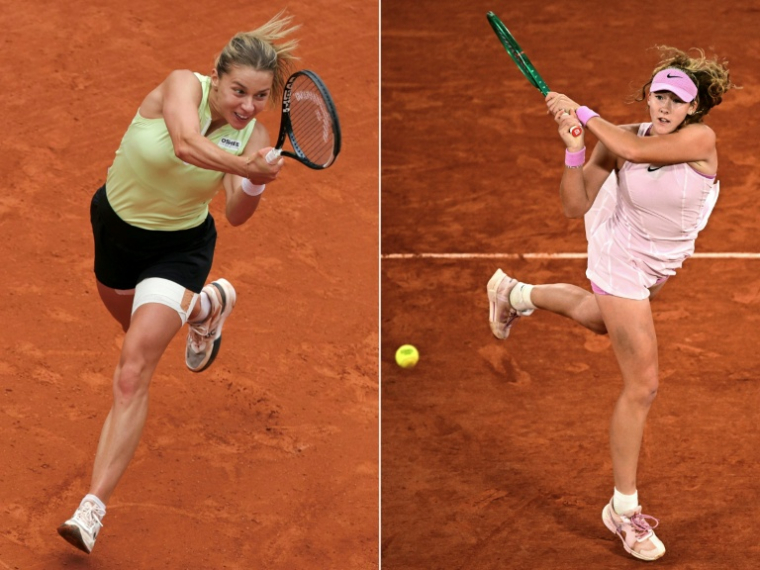 La Polonaise Maja Chwalinska (à gauche) et la Russe Mirra Andreeva lors de leurs quarts de finale respectifs à Roland-Garros, les 3 et 2 juin 2026. Les deux joueuses sont l'affiche totalement inattendue de la finale du Majeur parisien samedi sur le court Philippe-Chatrier ( AFP / Thomas SAMSON )