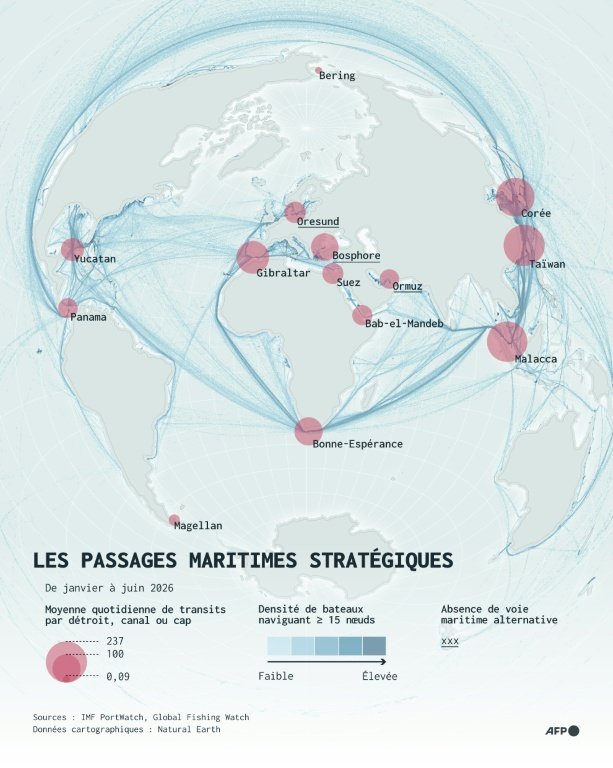 Carte du monde montrant l'importance pour le commerce international des détroits maritimes, avec le volume de trafic observé entre janvier et juin 2026, selon les données d'IMF PortWatch et de Global Fishing Watch ( AFP / Sherine ELSAYARY )
