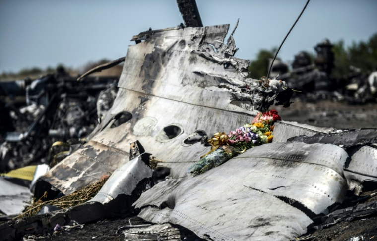 Photo prise le 26 juillet 2014 sur le site du crash du vol MH17 dans la région de Donetsk en Ukraine et montrant des fleurs déposées par la famille d'une victime australienne ( AFP / Bulent KILIC )