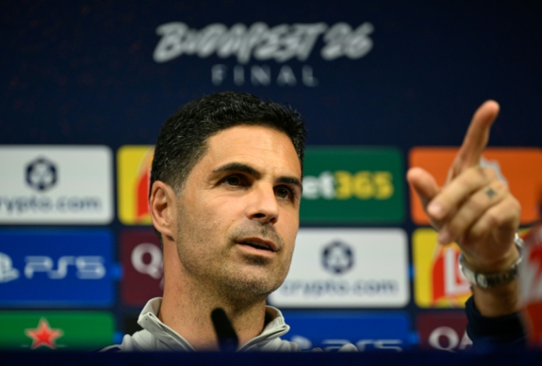 L'entraîneur d'Arsenal Mikel Arteta, en conférence de presse, le 29 mai 2026 à Budapest ( POOL / INA FASSBENDER )