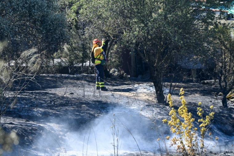 Un bombero trabaja en una zona próxima a Madrid quemada por un incendio forestal iniciado en la localidad de Méntrida, provincia de Toledo, el 18 de julio de 2025 en el centro de España ( AFP / Javier Soriano )