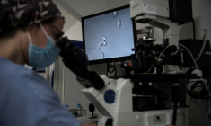 Sélection des spermatozoïdes à traiter pour une procédure de procréation médicalement assistée (PMA) au centre de fertilité du Groupe Hospitalier Diaconesses Croix Saint-Simon, à Paris, le 25 octobre 2022 ( AFP / JULIEN DE ROSA )