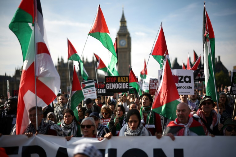 Des manifestants propalestiniens brandissent des pancartes et des drapeaux à Londres, le 11 octobre 2025, à l'occasion de la 32e "Marche nationale pour la Palestine" depuis octobre 2023.. ( AFP / HENRY NICHOLLS )