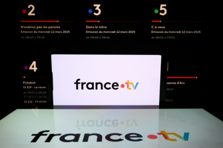 Logo du groupe France Télévisions et panel de ses chaînes, le 12 mars 2025 à Toulouse ( AFP / Lionel BONAVENTURE )