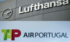 Combo des logos des compagnies aériennes Lufthansa et TAP Air Portugal créé le 14 octobre 2026 ( AFP / Kirill KUDRYAVTSEV )