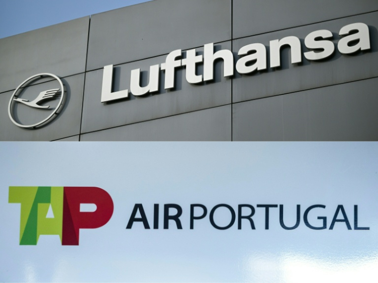 Combo des logos des compagnies aériennes Lufthansa et TAP Air Portugal créé le 14 octobre 2026 ( AFP / Kirill KUDRYAVTSEV )