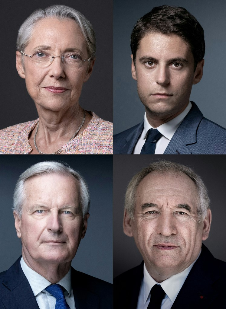 (COMBO) This combination of files pictures created on September 09, 2025 showsÉlisabeth Borne, Gabriel Attal, Michel Barnier et François Bayrou.  ( AFP / JOEL SAGET )