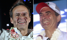 Montage photo montrant les deux candidats au second tour de la présidentielle en Bolivie, l'ex-président de droite Jorge Quiroga (g), à La Paz le 13 août 2025, et le sénateur de centre-droit Rodrigo Paz à Torno, province de Santa Cruz, le 13 août 2025 ( AFP / Martin BERNETTI )