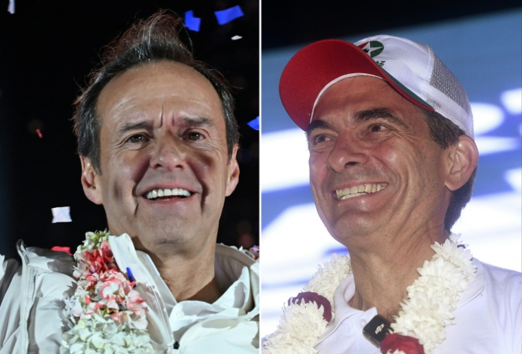 Montage photo montrant les deux candidats au second tour de la présidentielle en Bolivie, l'ex-président de droite Jorge Quiroga (g), à La Paz le 13 août 2025, et le sénateur de centre-droit Rodrigo Paz à Torno, province de Santa Cruz, le 13 août 2025 ( AFP / Martin BERNETTI )