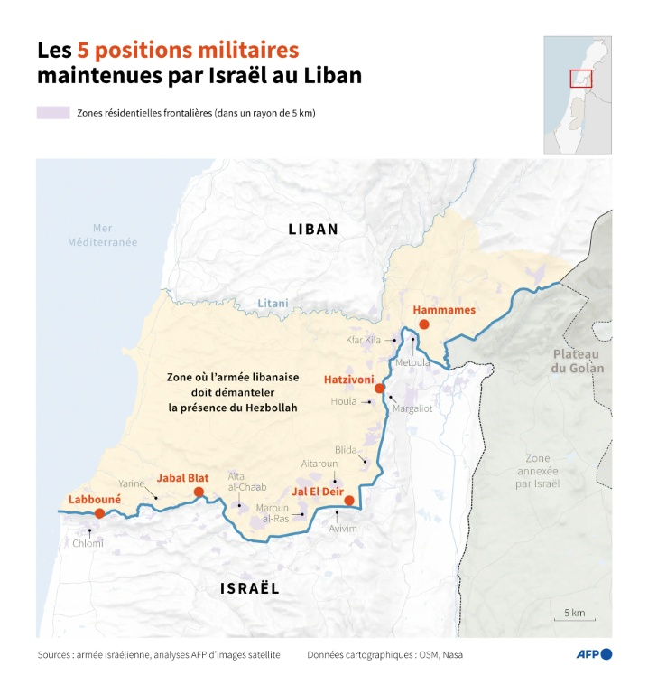 Carte du sud du Liban montrant les 5 postes de contrôle maintenus par Israël depuis le cessez-le-feu de novembre 2024 ( AFP / Sylvie HUSSON )