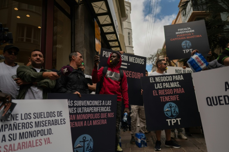 Manifestation d'employés du port à Tenerife contre l'arrivée du bateau de croisière MV Hondius, le 8 mai 2026 ( AFP / JORGE GUERRERO )