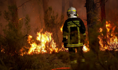 Un pompier face aux flammes lors d'un incendie de forêt à Saint-Jean-d'Illac, près de Bordeaux, le 26 juillet 2026. ( AFP / ROMAIN PERROCHEAU )