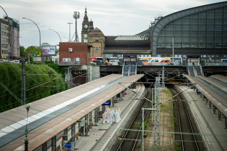 Des membres de la police scientifique sur le quai de la gare centrale de Hambourg, où au moins 12 personnes ont été blessées lors d'une attaque au couteau, le 23 mai 2025 en Allemagne ( AFP / Jonas Walzberg )