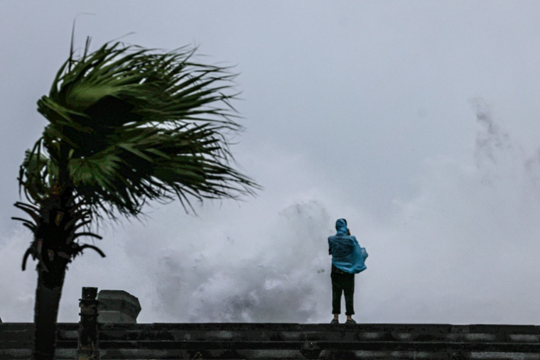 Une personne observe la côte taïwanaise touchée par le typhon Bavi à Keelung (nord-est), le 11 juillet 2026 ( AFP / I-Hwa Cheng )