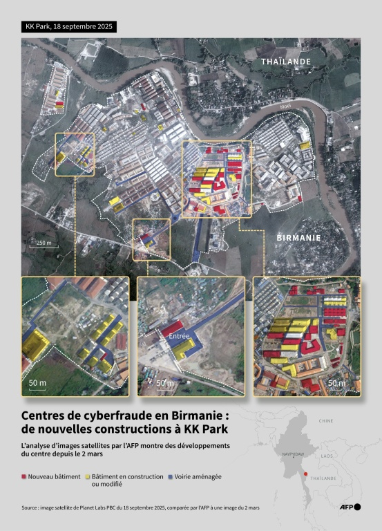 Image satellite de Planet Labs PBC de KK Park en Birmanie, près de la frontière avec la Thaïlande, soulignant les nouvelles constructions entre le 2 mars 2025 et le 18 septembre 2025 ( AFP / Nalini LEPETIT-CHELLA )