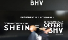 Logo du détaillant de mode éphémère Shein au grand magasin Le BHV Marais à Paris