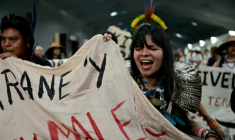 La cheffe autochtone Txai Surui manifeste sur le site de la COP30 le 21 novembre 2025 à Belem (Brésil) ( AFP / Pablo PORCIUNCULA )